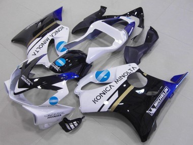 Custom 2001-2003 Honda CBR600 F4i Motorcycle Fairings - White Blue Glossy Black Konica Minolta