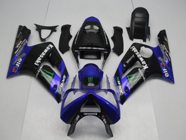 Custom 2003-2004 Kawasaki ZX6R Motorcycle Fairings - Glossy Black Blue Green Monster