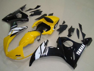 Custom 2003-2004 Yamaha YZF R6 Motorcycle Fairings - Yellow White Glossy Black