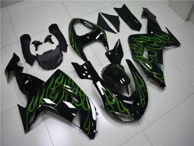 Custom 2006-2007 Kawasaki ZX10R Motorcycle Fairings - Glossy Black Green Flame