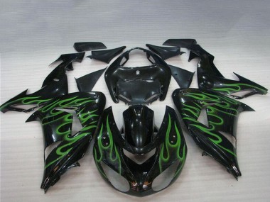 Custom 2006-2007 Kawasaki ZX10R Motorcycle Fairings - Glossy Black Green Flame
