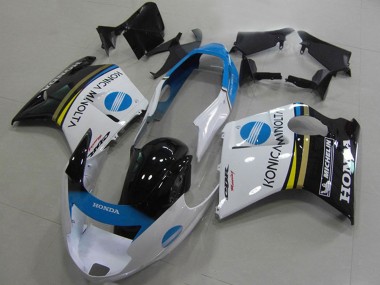 Custom 1996-2007 Honda CBR1100XX Blackbird Motorcycle Fairings - White Blue Glossy Black Konica Minolta