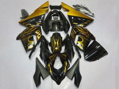 Custom 2004-2005 Kawasaki ZX10R Motorcycle Fairings - Glossy Black Gold Flame