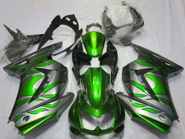 Custom 2008-2012 Kawasaki Ninja 250 Motorcycle Fairings - Silver Green Flame