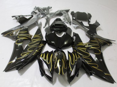 Custom 2008-2016 Yamaha R6 Motorcycle Fairings - Glossy Black Gold Flame