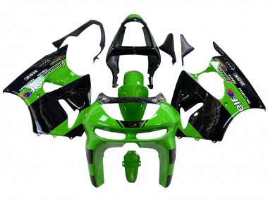 Custom 1998-1999 Kawasaki ZX6R Motorcycle Fairings - Green Glossy Black Elf Bridgestone