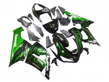 Custom 2005-2006 Kawasaki ZX6R Motorcycle Fairing - Glossy Black Green Flame