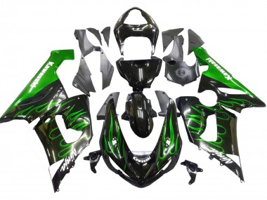 Custom 2005-2006 Kawasaki ZX6R Motorcycle Fairing - Glossy Black Green Flame