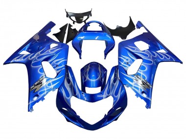 Custom 2001-2003 Suzuki GSXR 600 / GSXR 750 Motorcycle Fairings - Blue with White Flame