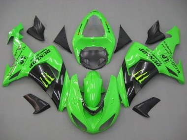 Custom 2006-2007 Kawasaki ZX10R Motorcycle Fairings - Green Glossy Black Monster Dunlop