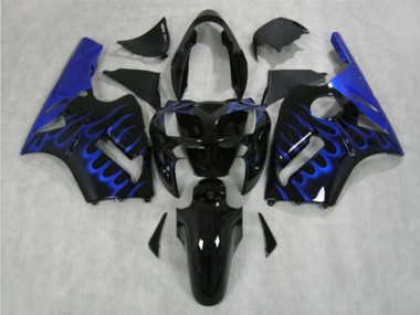 Custom 2002-2006 Kawasaki ZX12R Motorcycle Fairing - Glossy Black Blue Flame