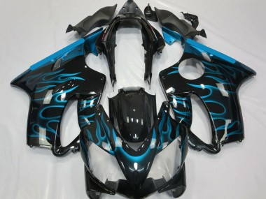 Custom 2004-2007 Honda CBR600 F4i Motorcycle Fairings - Glossy Black Light Blue Flame