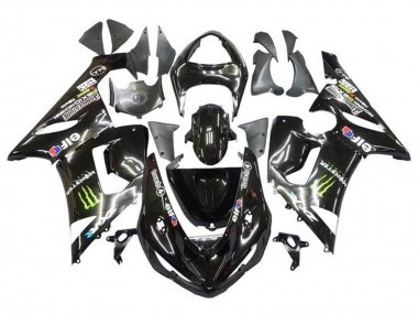 Custom 2005-2006 Kawasaki ZX6R Motorcycle Fairings - Glossy Black Yellow Monster