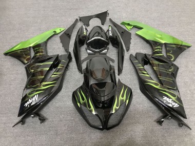Custom 2007-2008 Kawasaki ZX6R Motorcycle Fairings - Black Light Green Flame