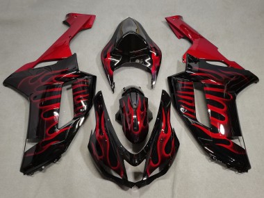 Custom 2007-2008 Kawasaki ZX6R Motorcycle Fairings - Black Red Flame