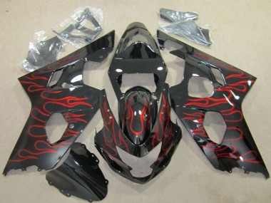 Custom 2004-2005 Suzuki GSXR 600 Motorcycle Fairings - Glossy Black Red Flame