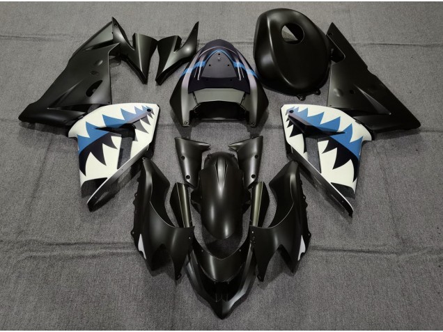 2004-2005 Matte Black and Light Blue Shark Kawasaki ZX10R Motorcycle Fairings