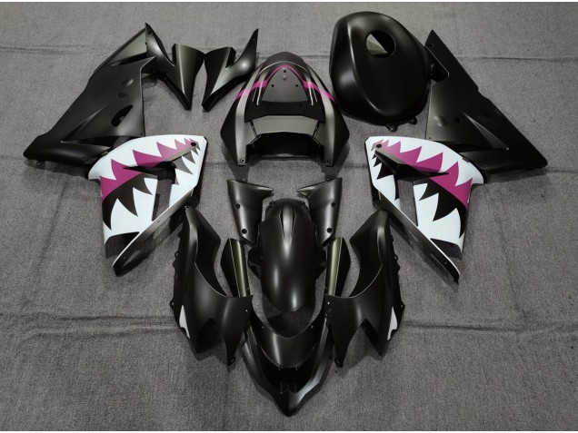 2004-2005 Matte Black and Pink Shark Kawasaki ZX10R Motorcycle Fairings 2004-2005 Matte Black and Pink Shark Kawasaki ZX10R Motorcycle Fairings